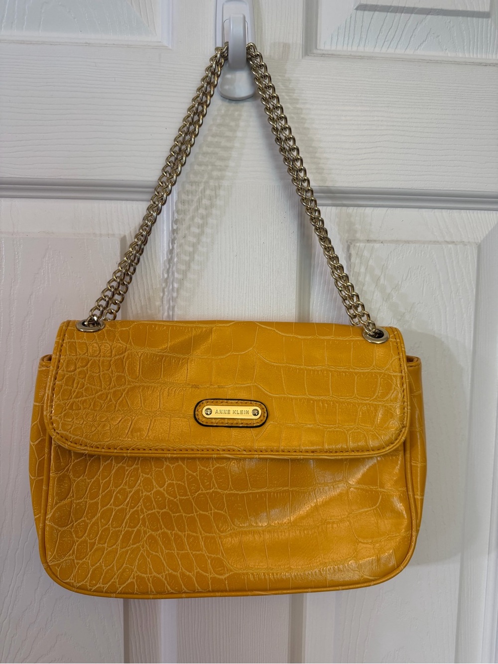 Anne Klein Mustard Yellow Croc-Embossed Chain Shoulder Bag